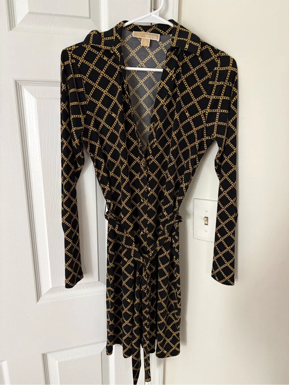 Michael Kors Black Wrap Dress with Gold Chain-Print